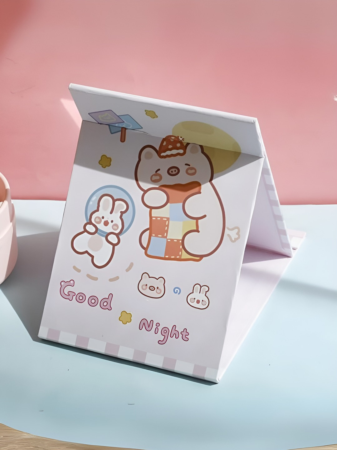 YELONA Pink Printed Rectangular Shape Foldable Table Top Makeup Mirror