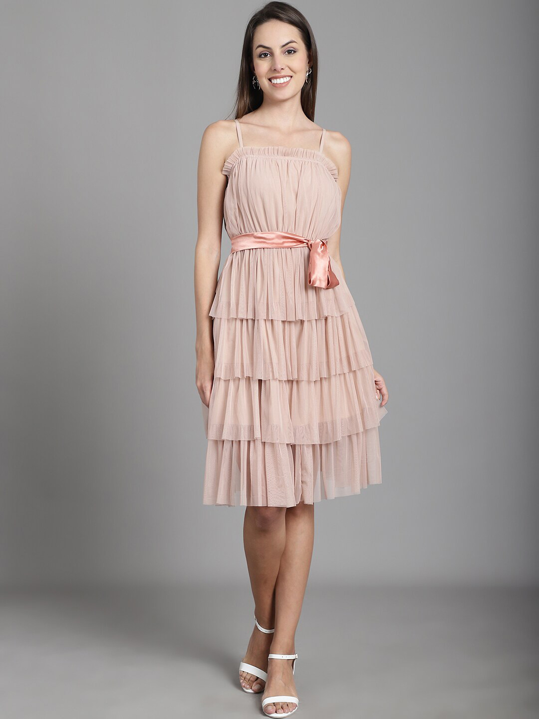 MARC LOUIS Layered Net Fit & Flare Dress