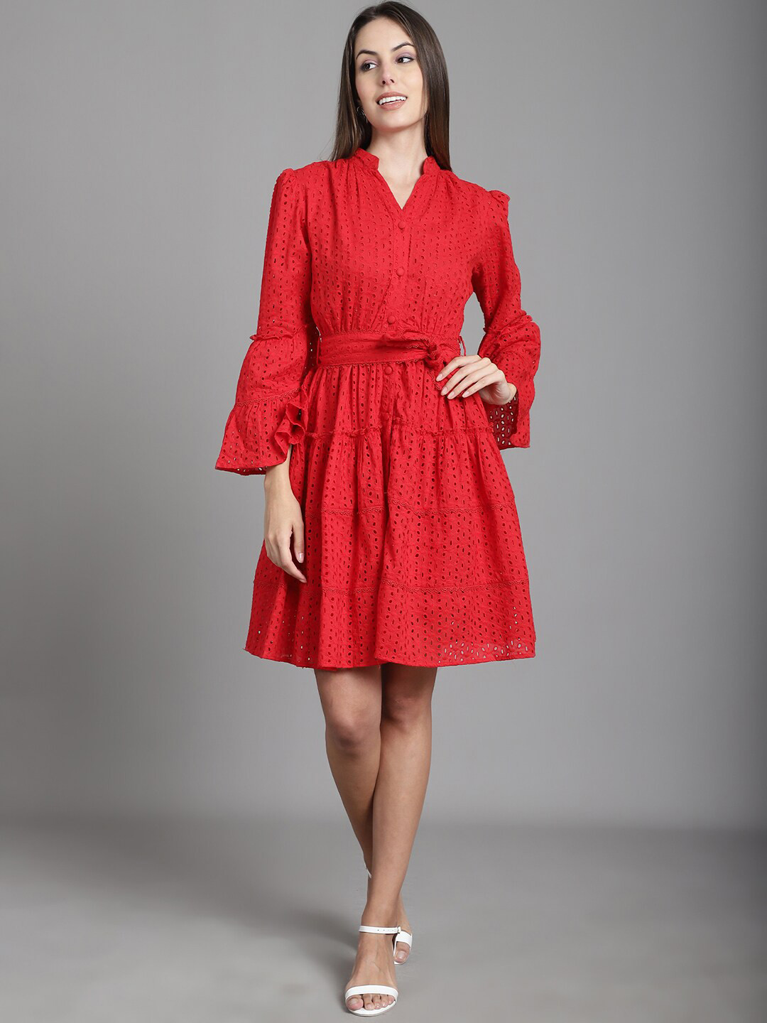 MARC LOUIS Self Design Bell Sleeve Tiered Schiffli Cotton Fit & Flare Dress