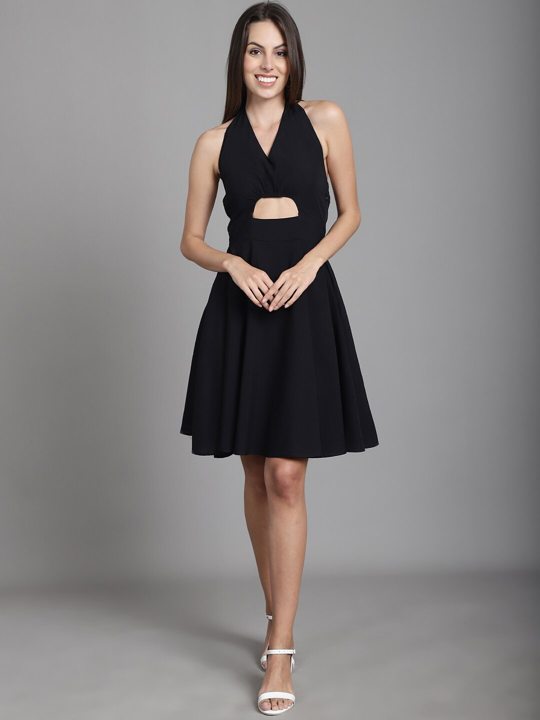 MARC LOUIS Halter Neck Cut-Out Crepe Fit & Flare Dress
