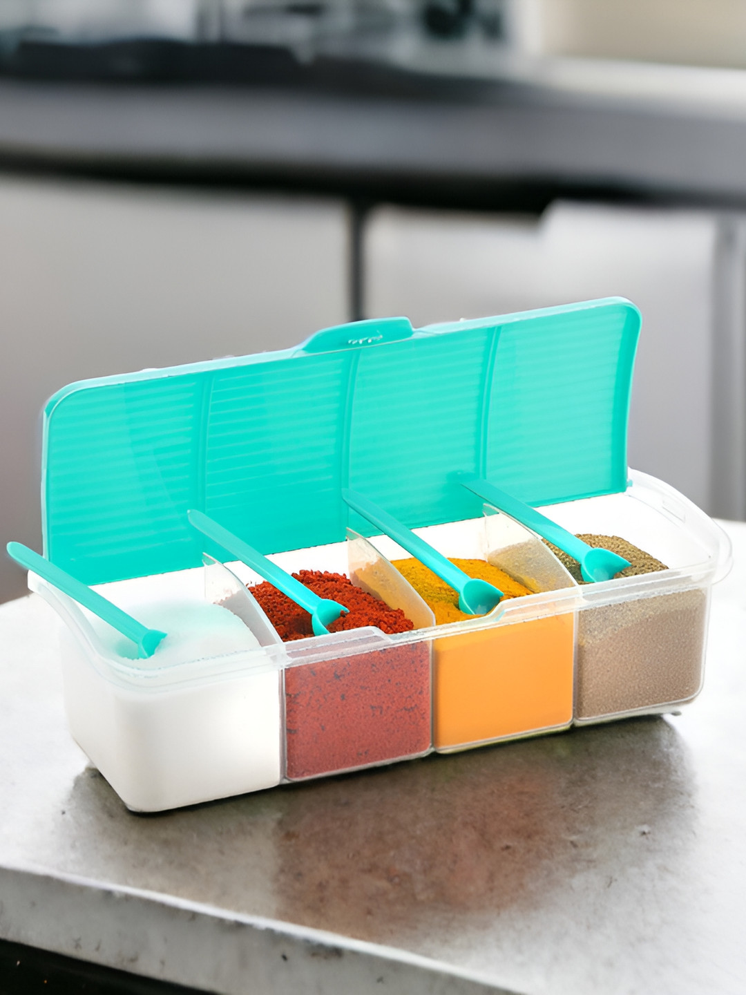 OMORTEX Transparent & Green 4 Compartment Spice Box with Spoons