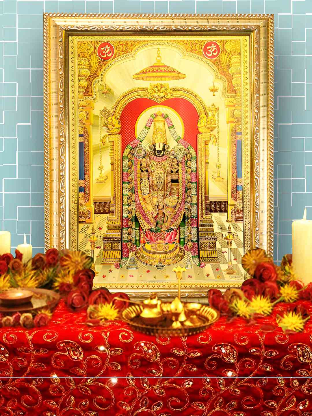 Hawai Gold-Toned & Red Self Design Rectangler Wooden Shree Tirupati Balaji Photo Frame