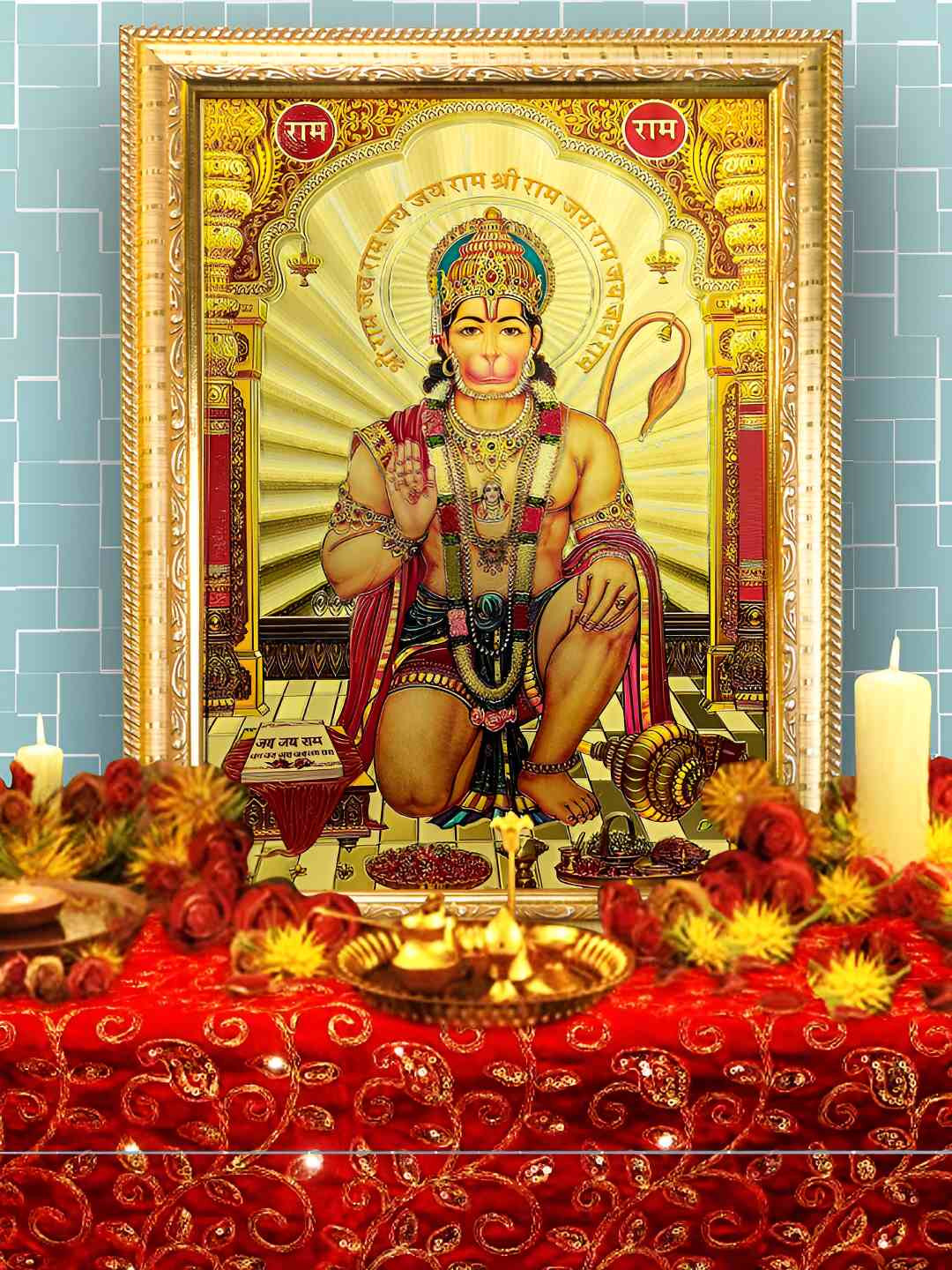 Hawai 24K Gold Plated Shree Bajrang Bali Hanuman Wooden Wall Photo Frame