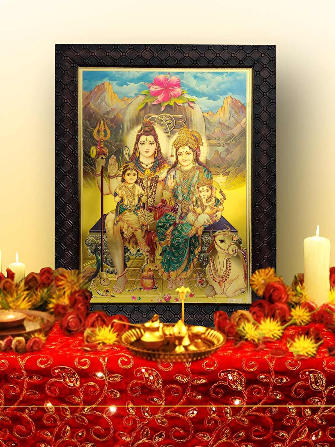 Hawai Black & Gold Plated Self Design Rectangular Om Shiva Parvati Wooden Wall Photo Frame