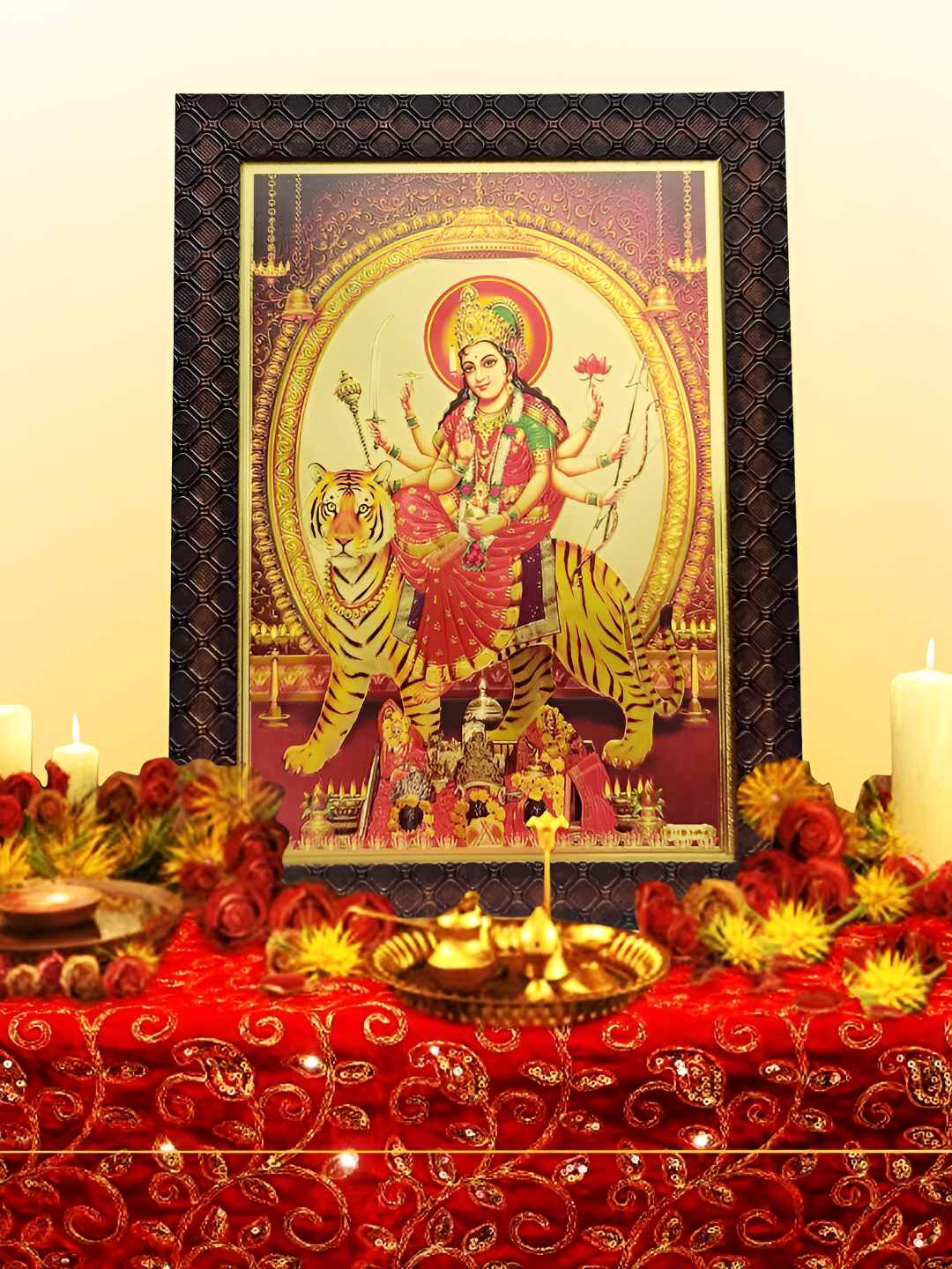 Hawai 24k Gold Plated Maa Durga Sherawali Rectangular Wooden Wall Photo Frame