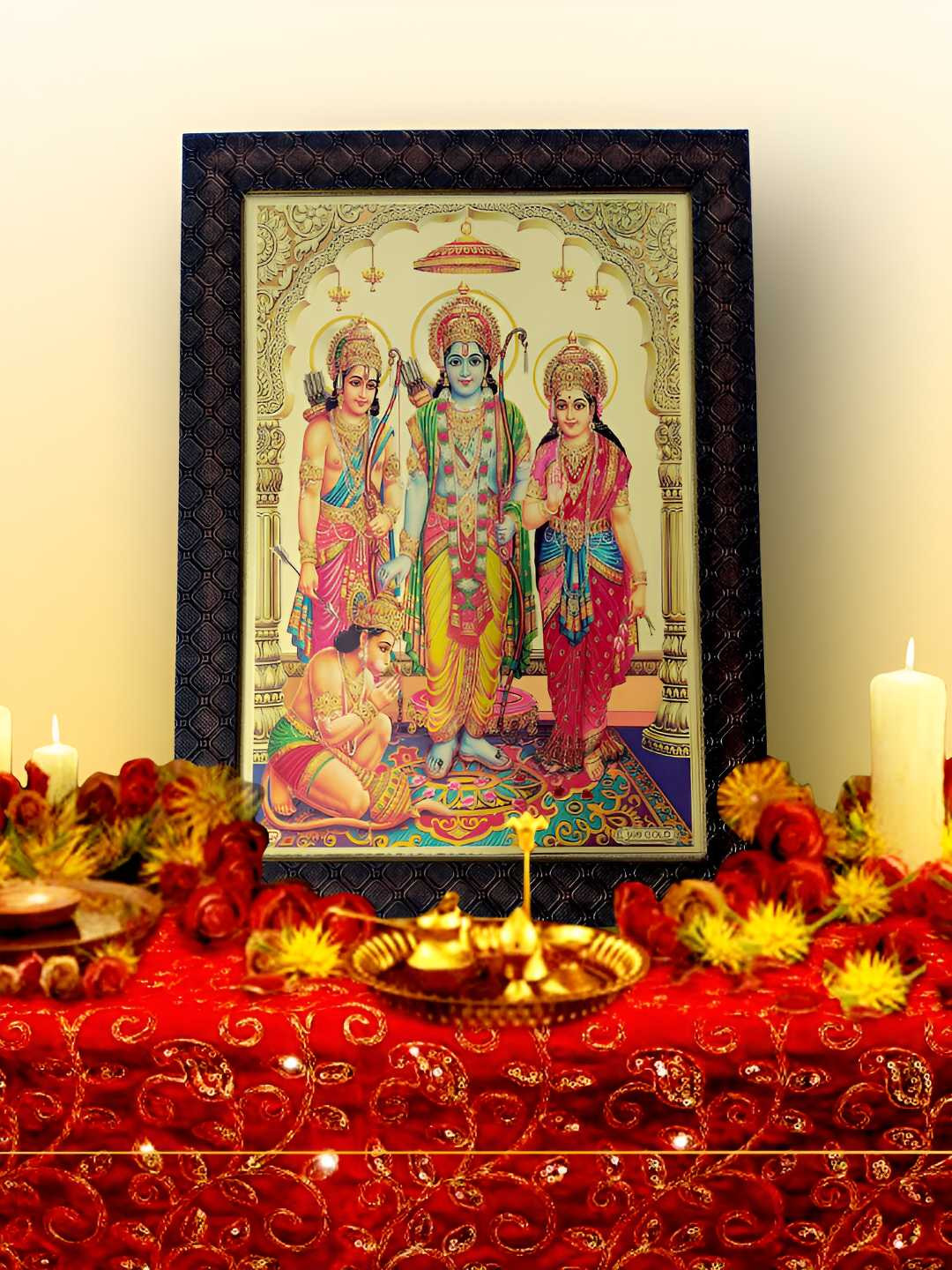 Hawai Black & Gold Toned Self Design Rectangular Shree Ram Darbar Wooden Wall Photo Frame