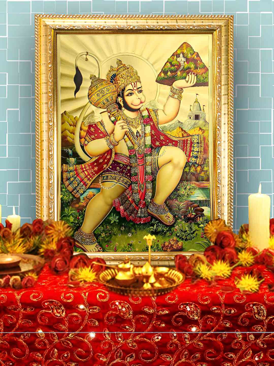 Hawai Gold Toned & Red Shree Bajrang Bali Hanuman Sanjeevani Parvat Dhari Wall Photo Frame