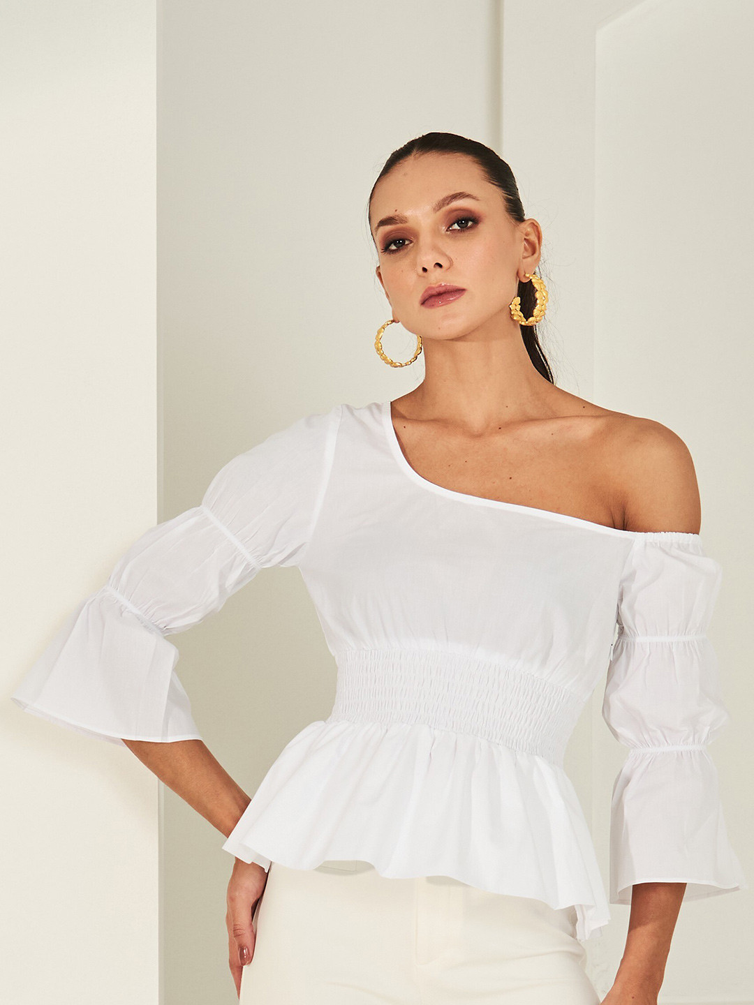 By The Bay One-Shoulder Bell Sleeves Cotton Cinched Waist Top