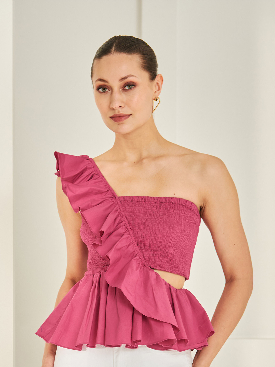 By The Bay One Shoulder Smocked Cotton Peplum Top