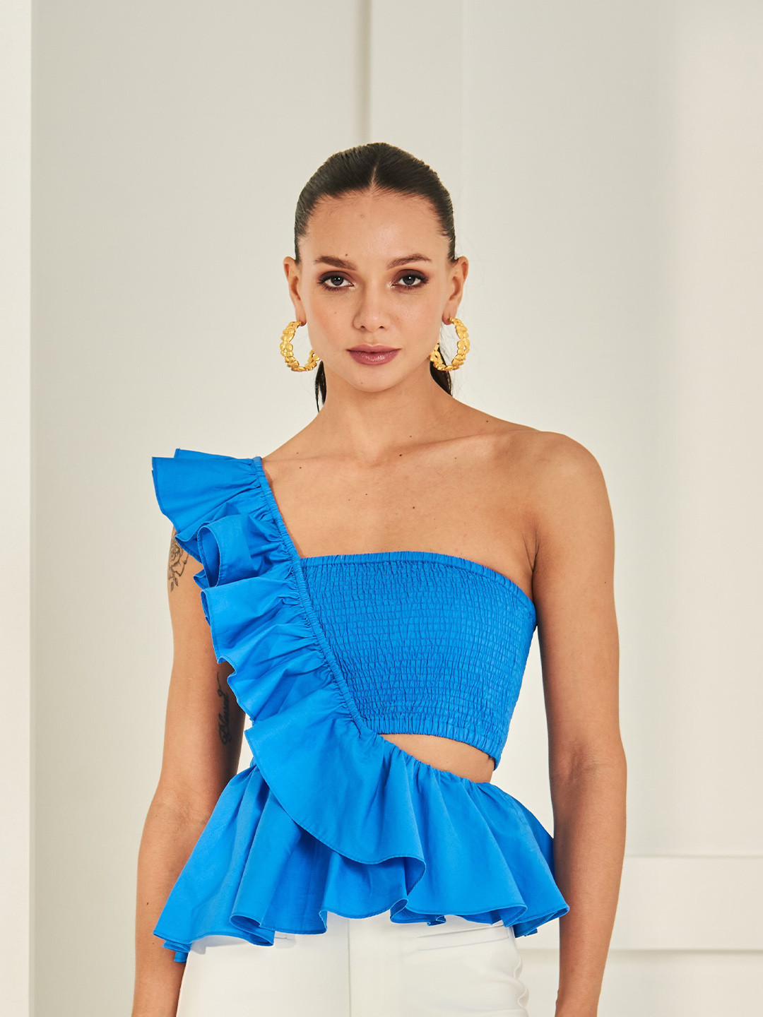 By The Bay One Shoulder Smocked Cotton Peplum Top