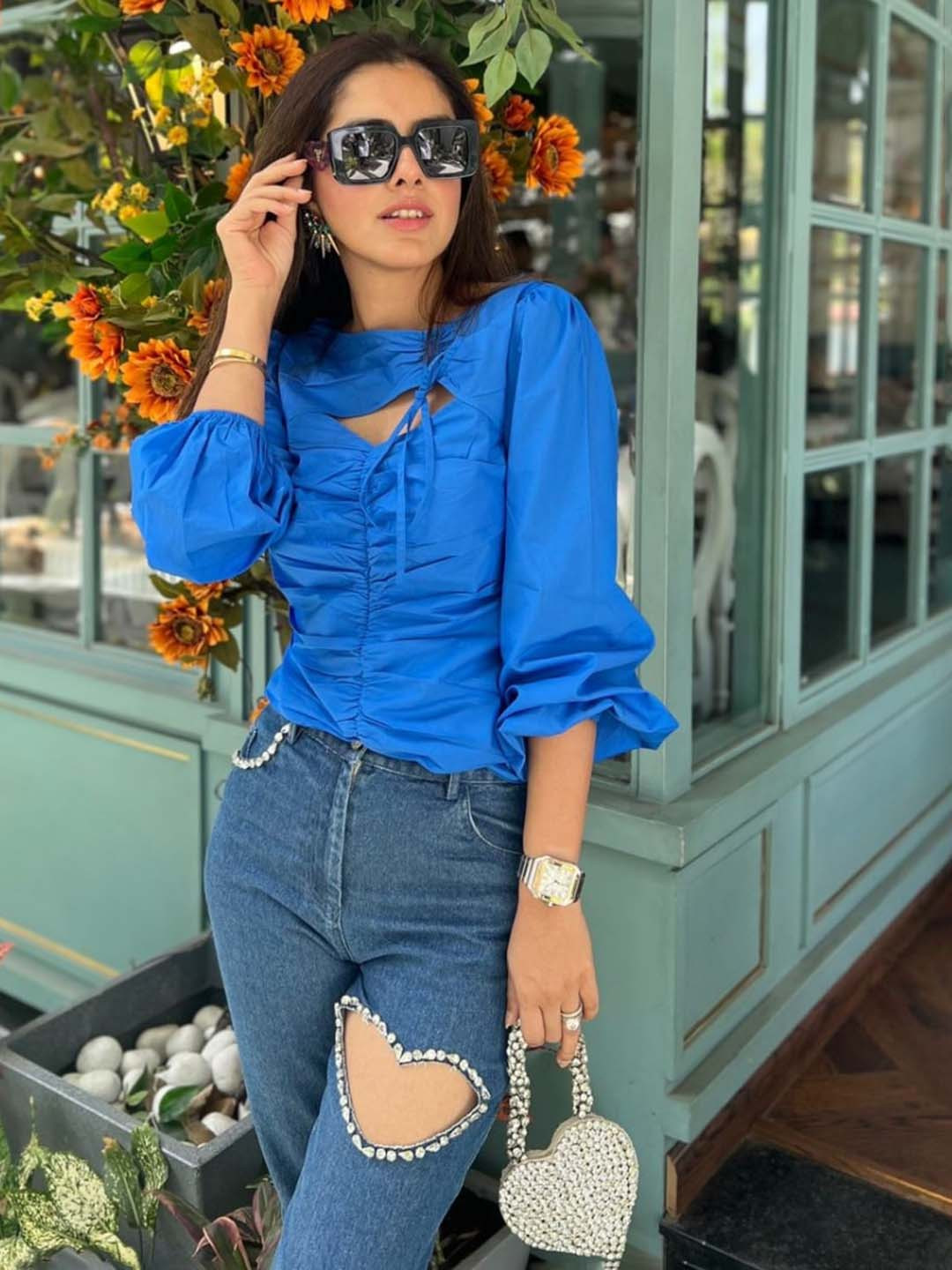 By The Bay Ruched Puff Sleeve Cotton Top