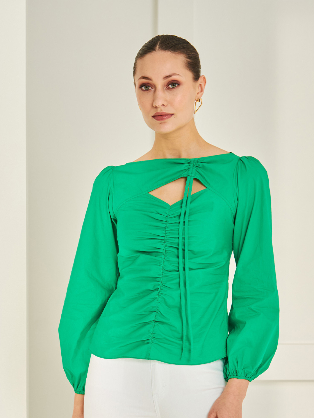 By The Bay Ruched Puff Sleeve Cotton Top