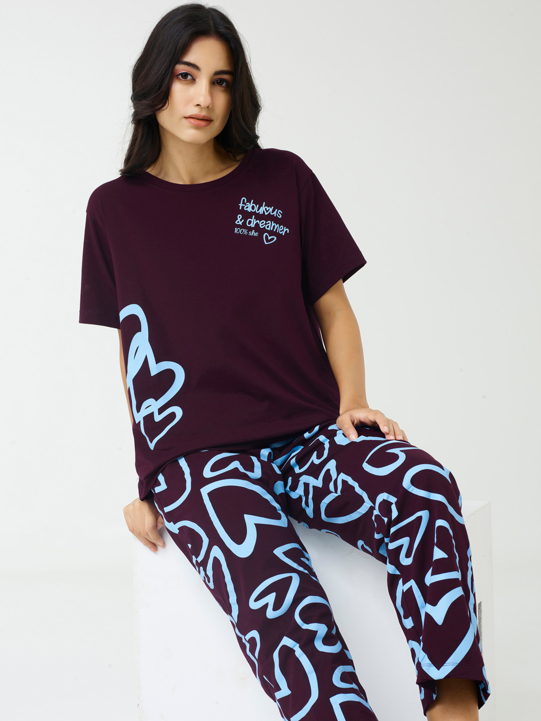 I like me Blue & Burgundy Heart Printed Pure Cotton Night suit