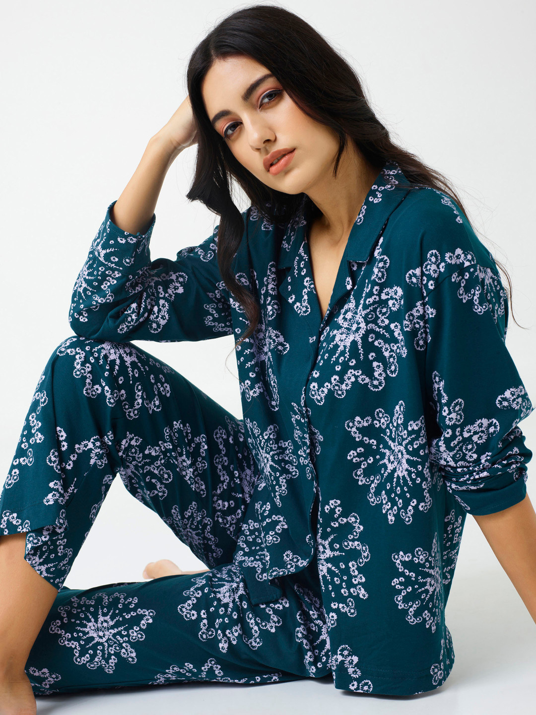 I like me Teal Blue Floral Printed Pure Cotton Night suit