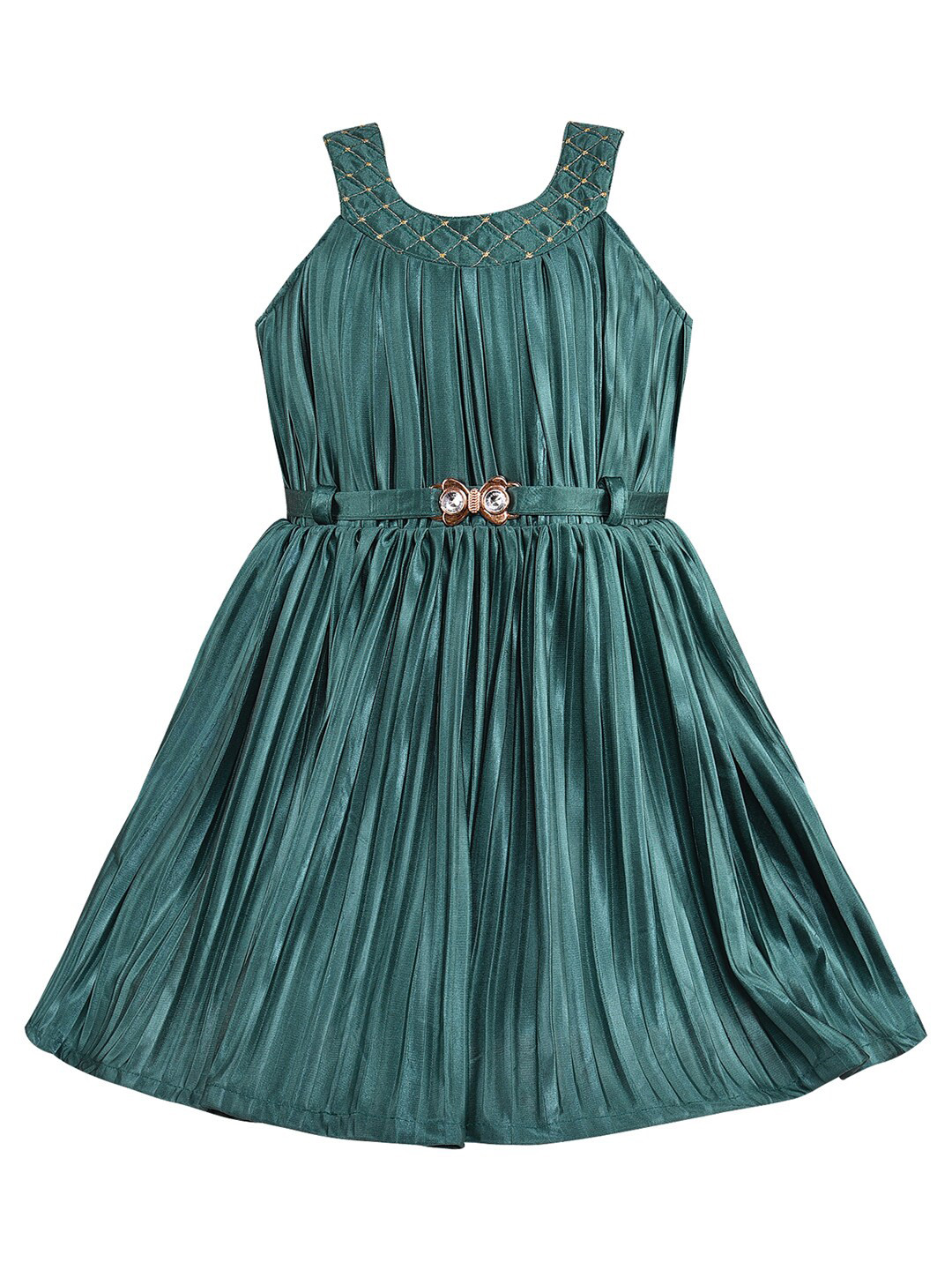 Wish Karo Girls Sleeveless Belted Accordion Pleated Silk Satin Fit & Flare Dress