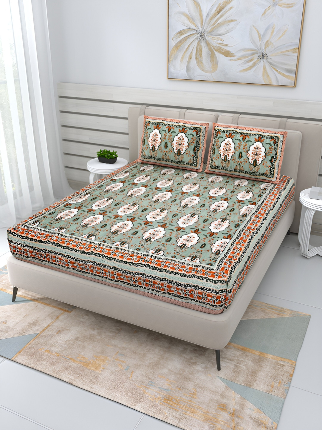 Wayne Martin Sea Green Floral Cotton 210 TC Queen Fine Bedsheet with 2 Pillow Covers-87 x 93 inches