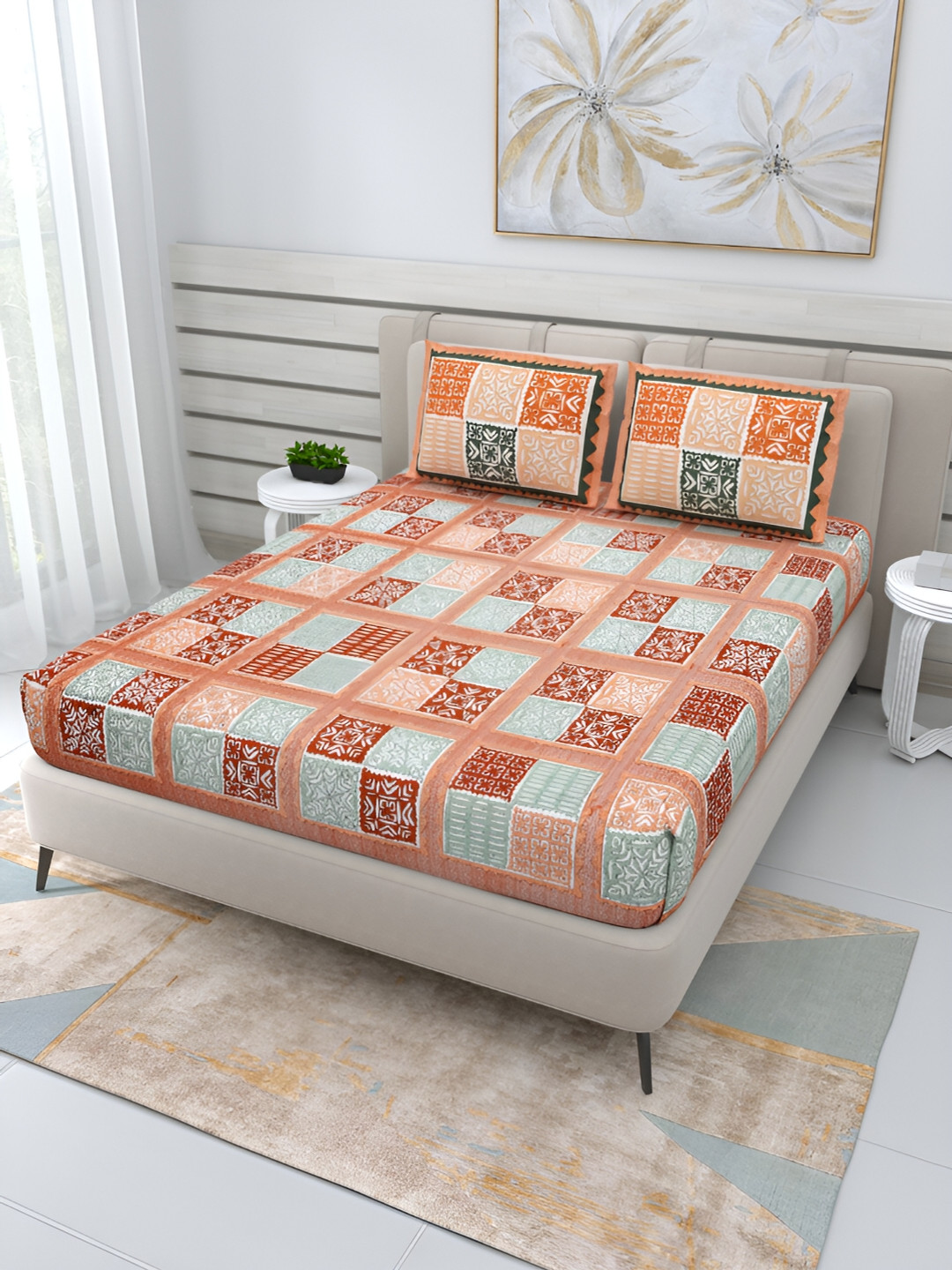 Wayne Martin Orange Floral Cotton 210 TC Queen Fine Bedsheet with 2 Pillow Covers-87 x 138 inches