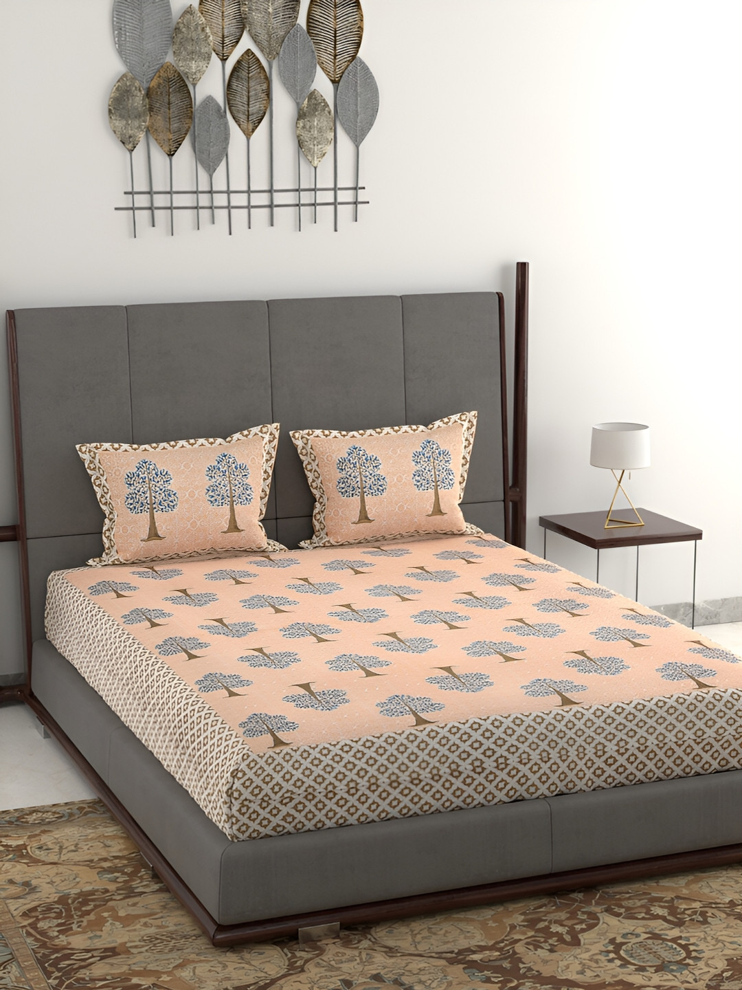 Wayne Martin Peach Graphic Cotton 380 TC King Superfine Bedsheet with 2 Pillow Covers-93 x 108 inches