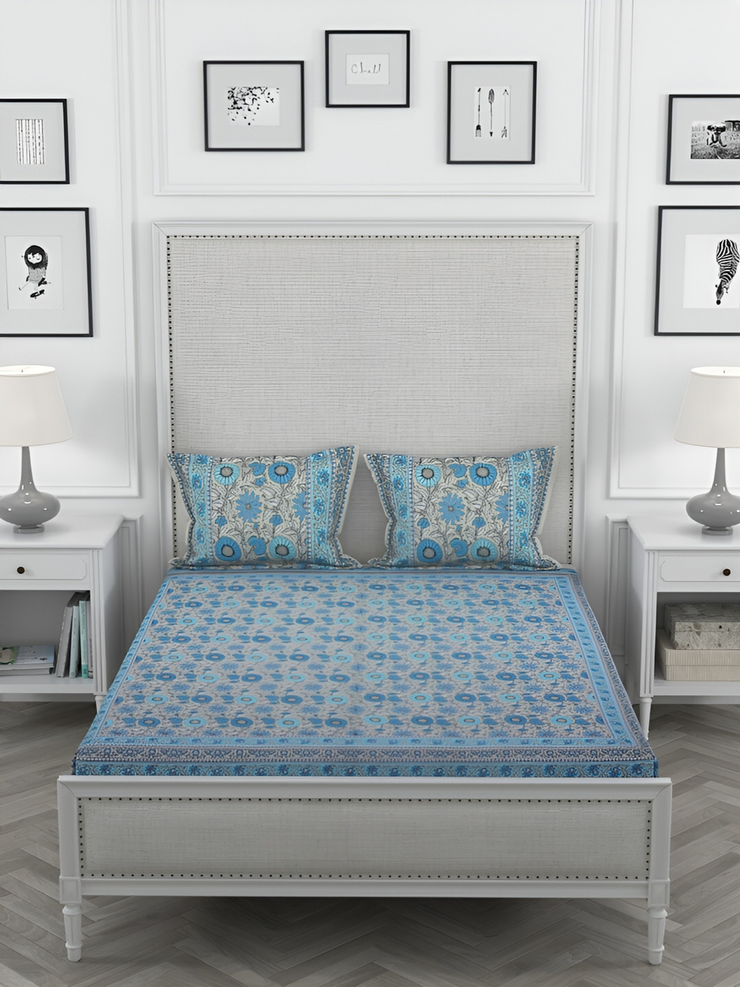 Wayne Martin Grey Floral Pure Cotton 330 TC King Fine Bedsheet with 2 Pillow Covers-87 x 93 inches