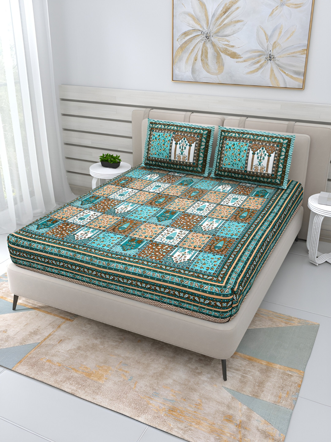 Wayne Martin Green Ethnic Motifs Cotton 210 TC Queen Fine Bedsheet with 2 Pillow Covers-93 x 87 inches