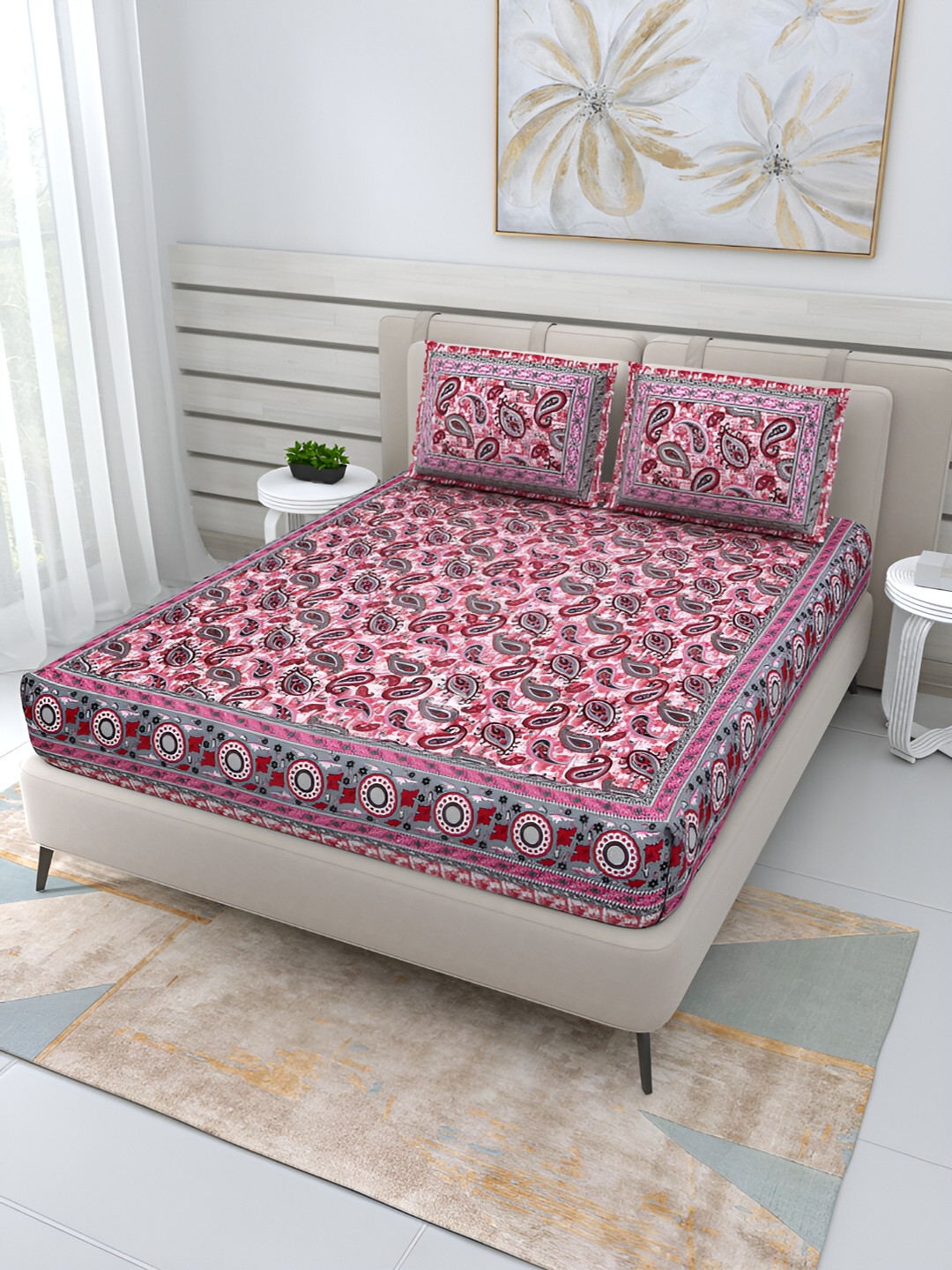 Wayne Martin Comfort Pink Paisley Cotton 210 TC Queen Fine Bedsheet with 2 Pillow Covers-87 x 93 inches