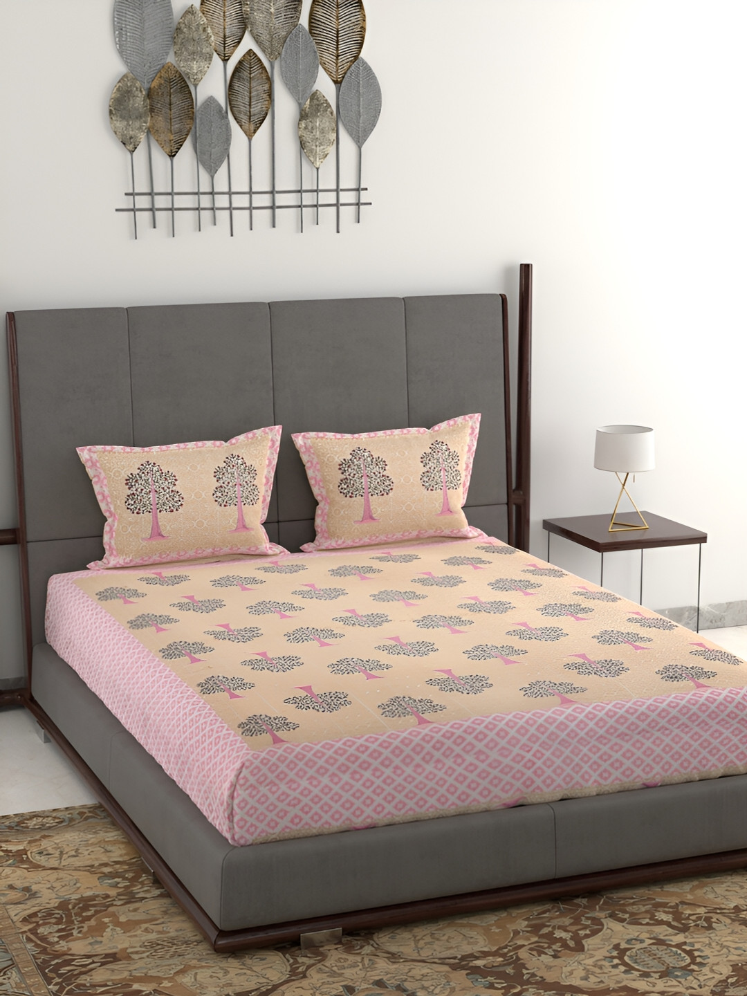 Wayne Martin Beige Graphic Pure Cotton 380 TC King Superfine Bedsheet with 2 Pillow Covers-87 x 93 inches