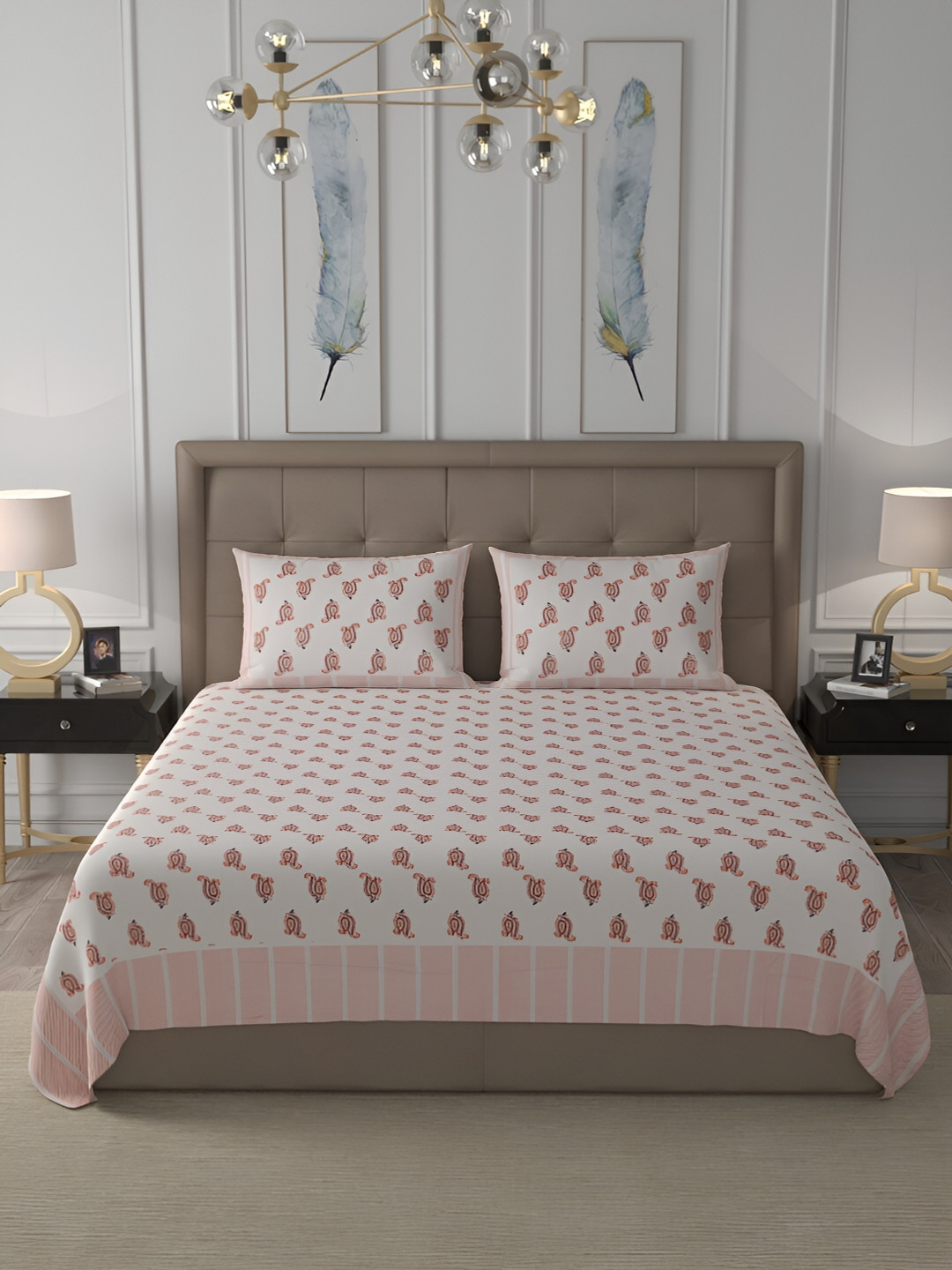 Wayne Martin Red Paisley Cotton 400 TC King Superfine Bedsheet with 2 Pillow Covers-270 x 275 cm