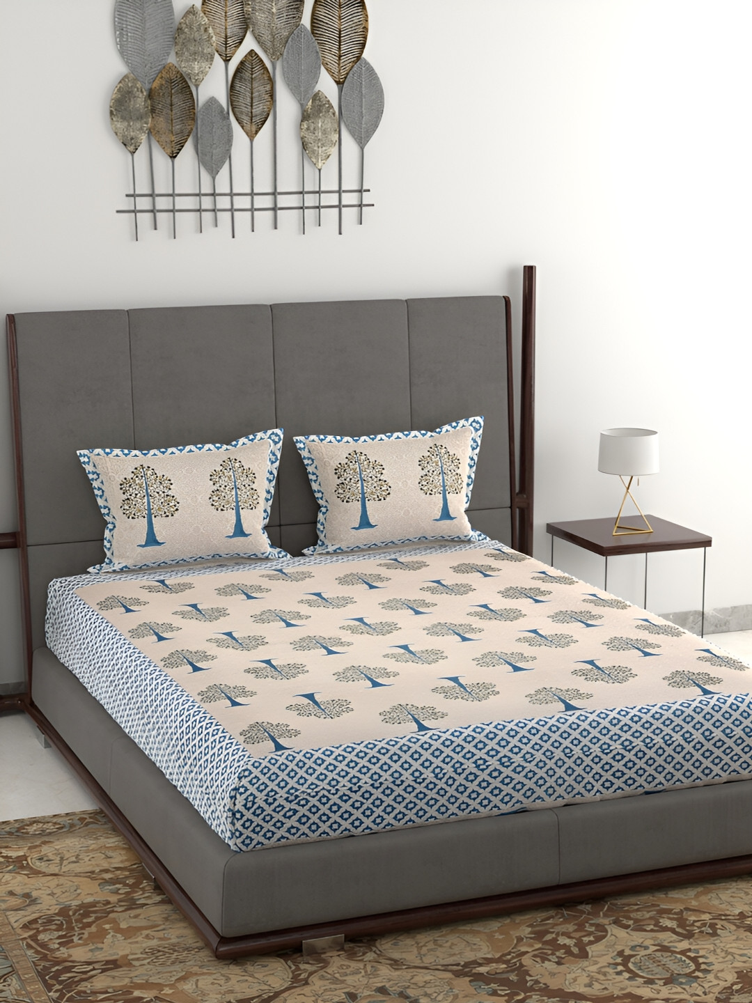 Wayne Martin Beige Floral Cotton 380 TC King Superfine Bedsheet with 2 Pillow Covers-93 x 108 inches