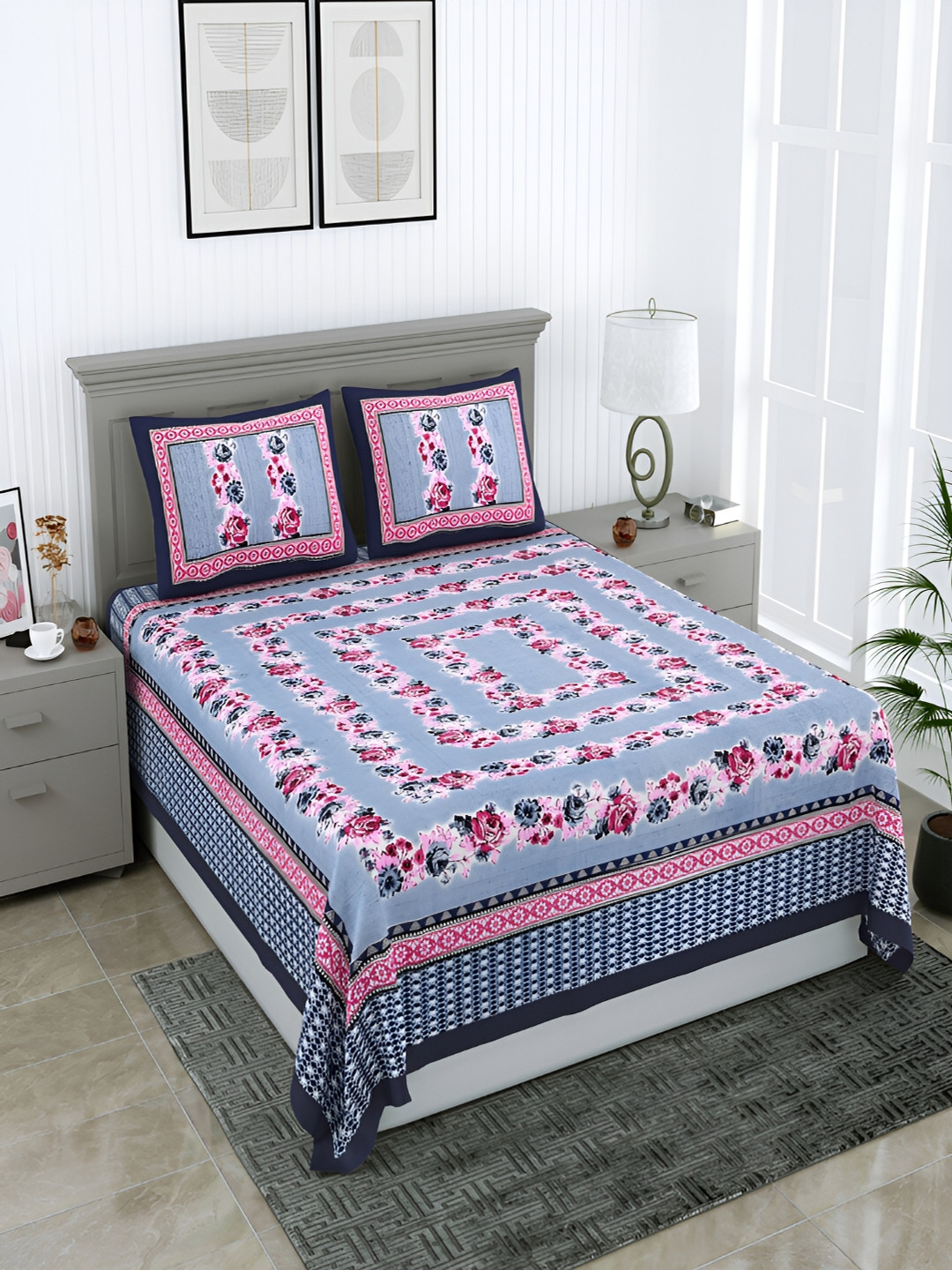 Wayne Martin Purple Floral Cotton 210 TC Queen Fine Bedsheet with 2 Pillow Covers-87 x 93 inches