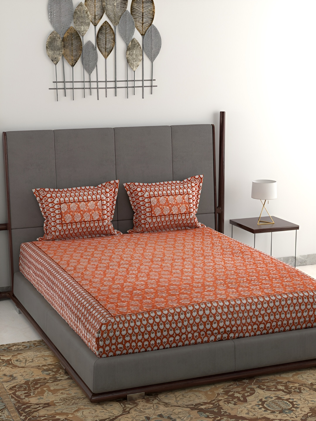 Wayne Martin Red Floral Cotton 380 TC King Superfine Bedsheet with 2 Pillow Covers-93 x 108 inches