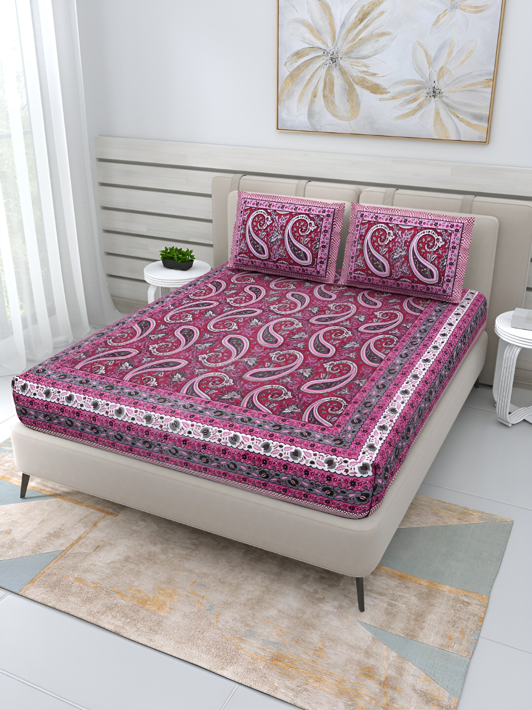Wayne Martin Pink Paisley Cotton 210 TC Double Fine Bedsheet with 2 Pillow Covers-87 x 93 inches