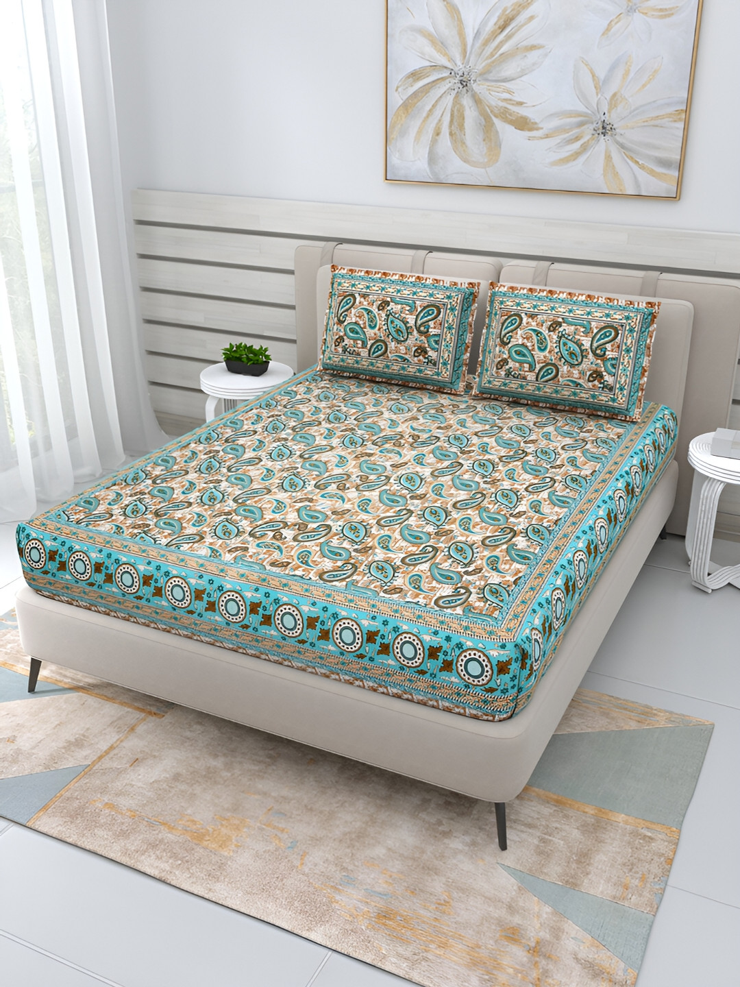 Wayne Martin Sea Green Paisley Cotton 210 TC Queen Fine Bedsheet with 2 Pillow Covers-220 x 235 cm