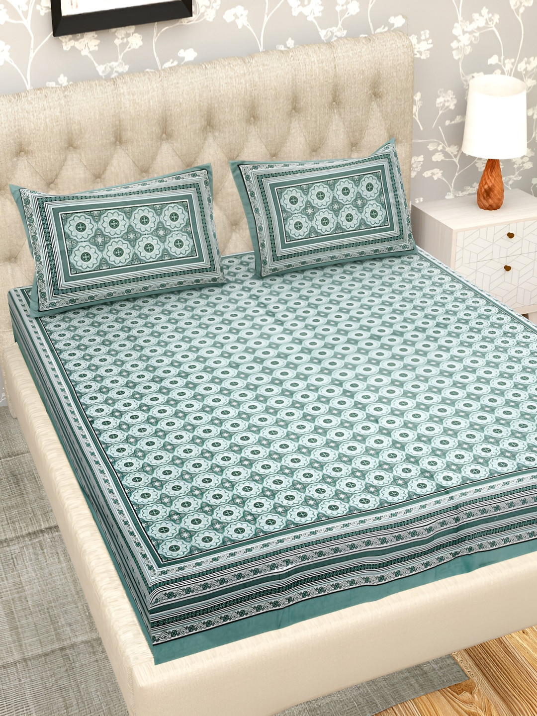 Wayne Martin Teal Ethnic Motifs Cotton 330 TC King Fine Bedsheet with 2 Pillow Covers-106 x 108 inches