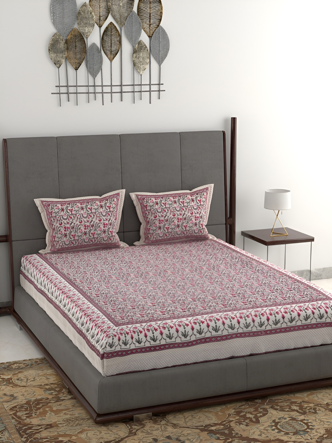 Wayne Martin Cream Floral Cotton 380 TC King Superfine Bedsheet with 2 Pillow Covers-106 x 108 inches