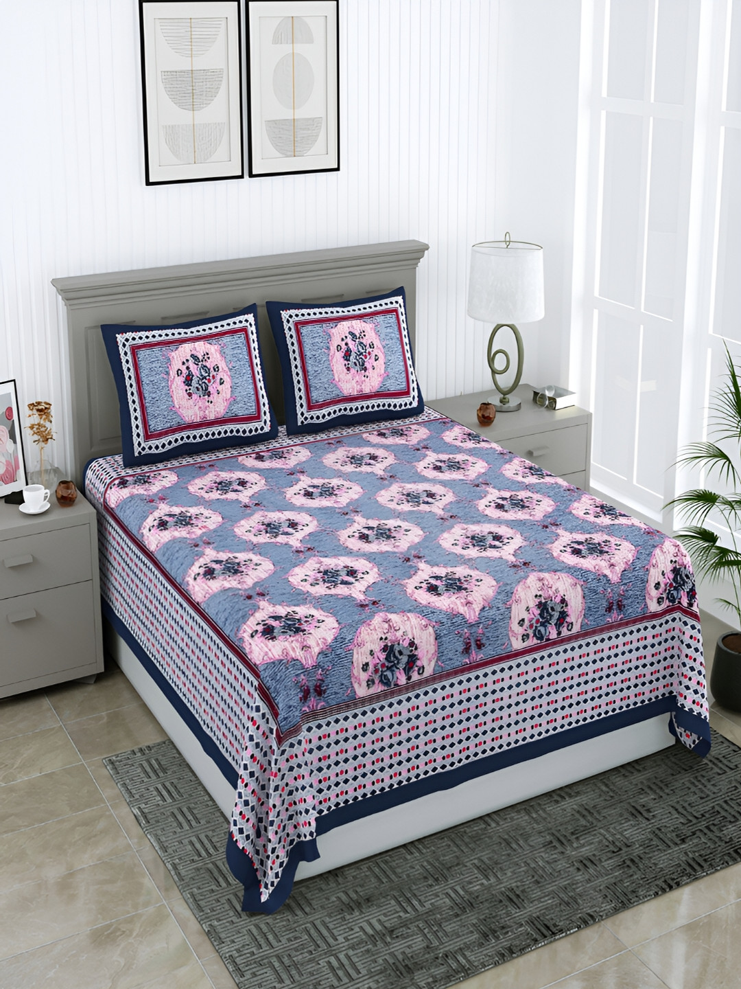 Wayne Martin Purple Floral Cotton Skin-Friendly 210 TC Queen Fine Bedsheet with 2 Pillow Covers-93 x 87 inches