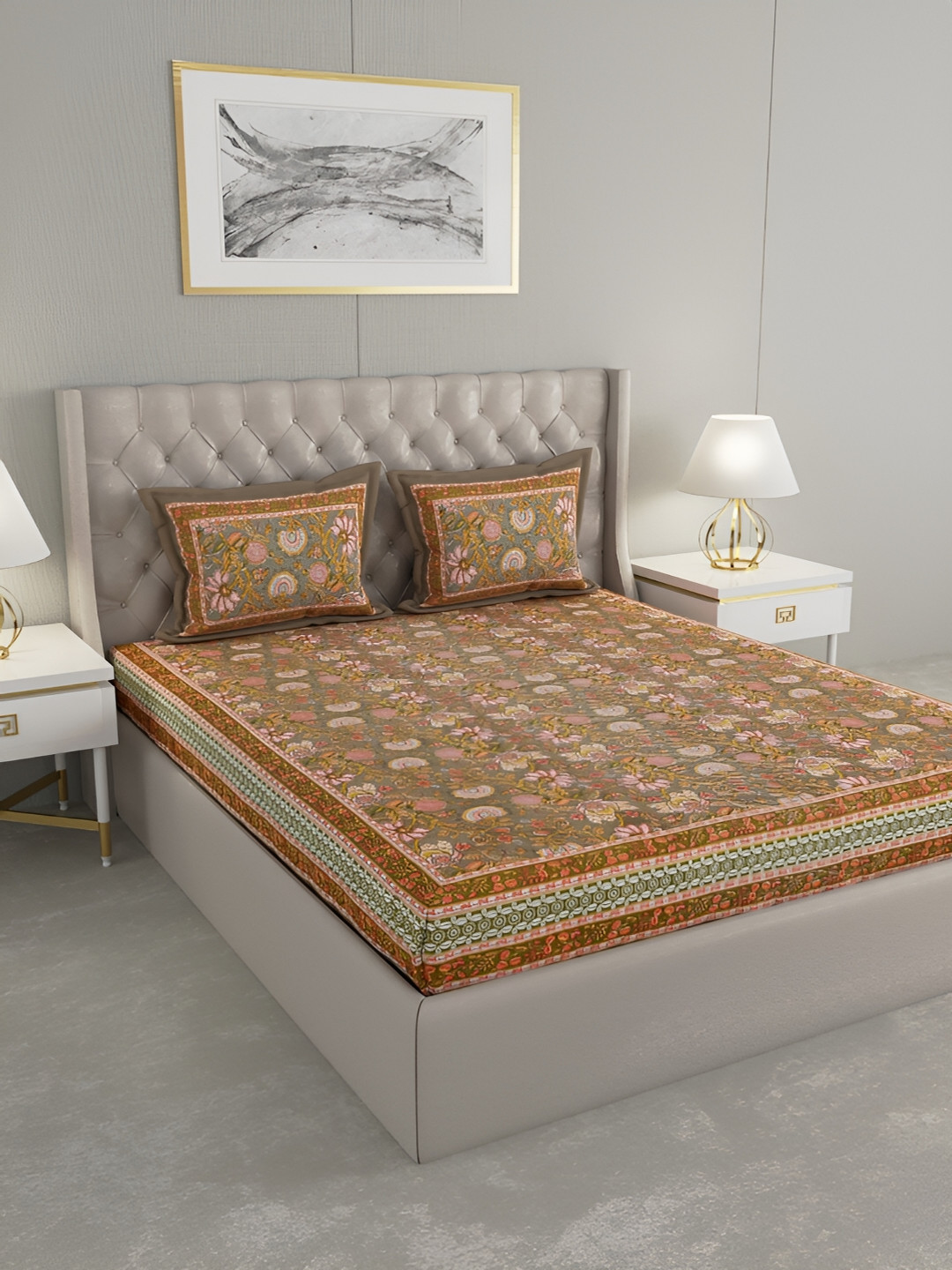 Wayne Martin Brown Floral Cotton 330 TC King Fine Bedsheet with 2 Pillow Covers-230 x 274 cm