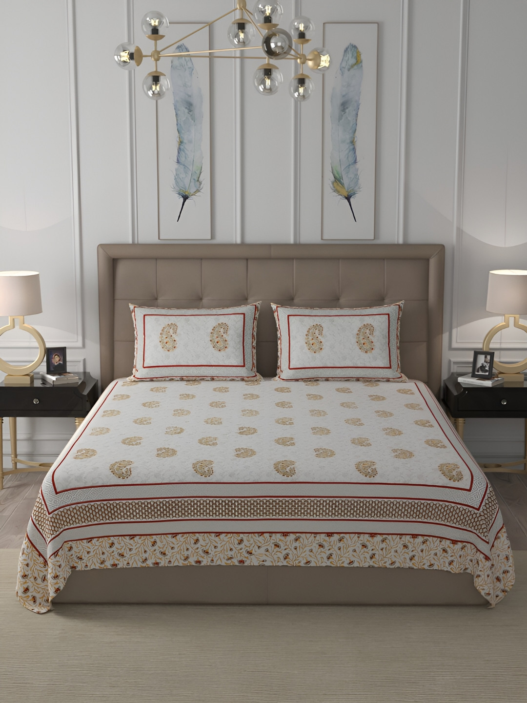 Wayne Martin Cream Floral Cotton 400 TC King Superfine Bedsheet with 2 Pillow Covers-108 x 91 inches