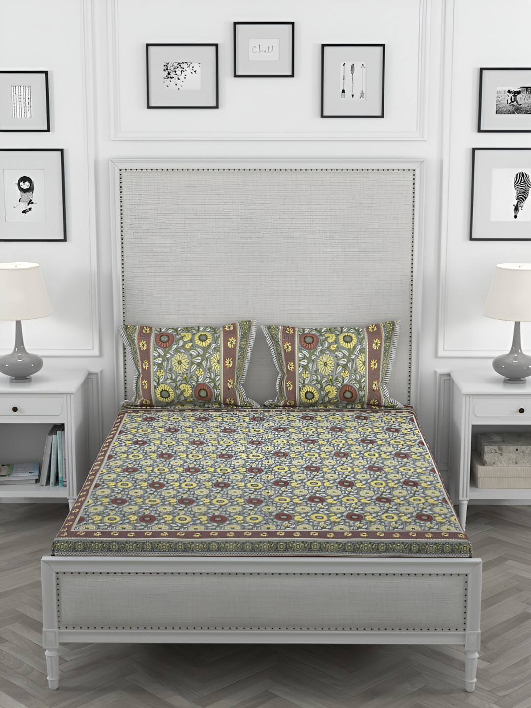 Wayne Martin Mimosa Green Floral Cotton 330 TC King Fine Bedsheet with 2 Pillow Covers-270 x 275 cm