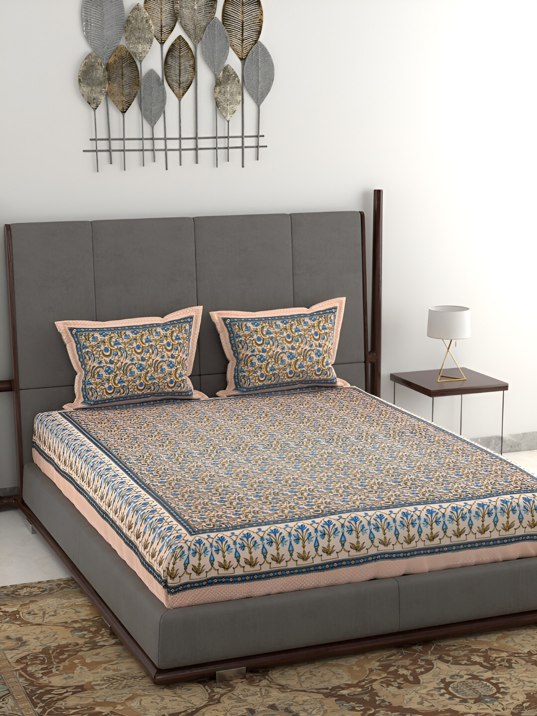 Wayne Martin Peach Floral Cotton 380 TC King Fine Bedsheet with 2 Pillow Covers-106 x 108 inches
