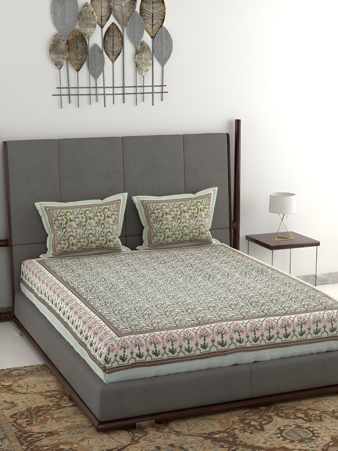 Wayne Martin Sea Green Floral Cotton 380 TC King Superfine Bedsheet with 2 Pillow Covers-93 x 108 inches