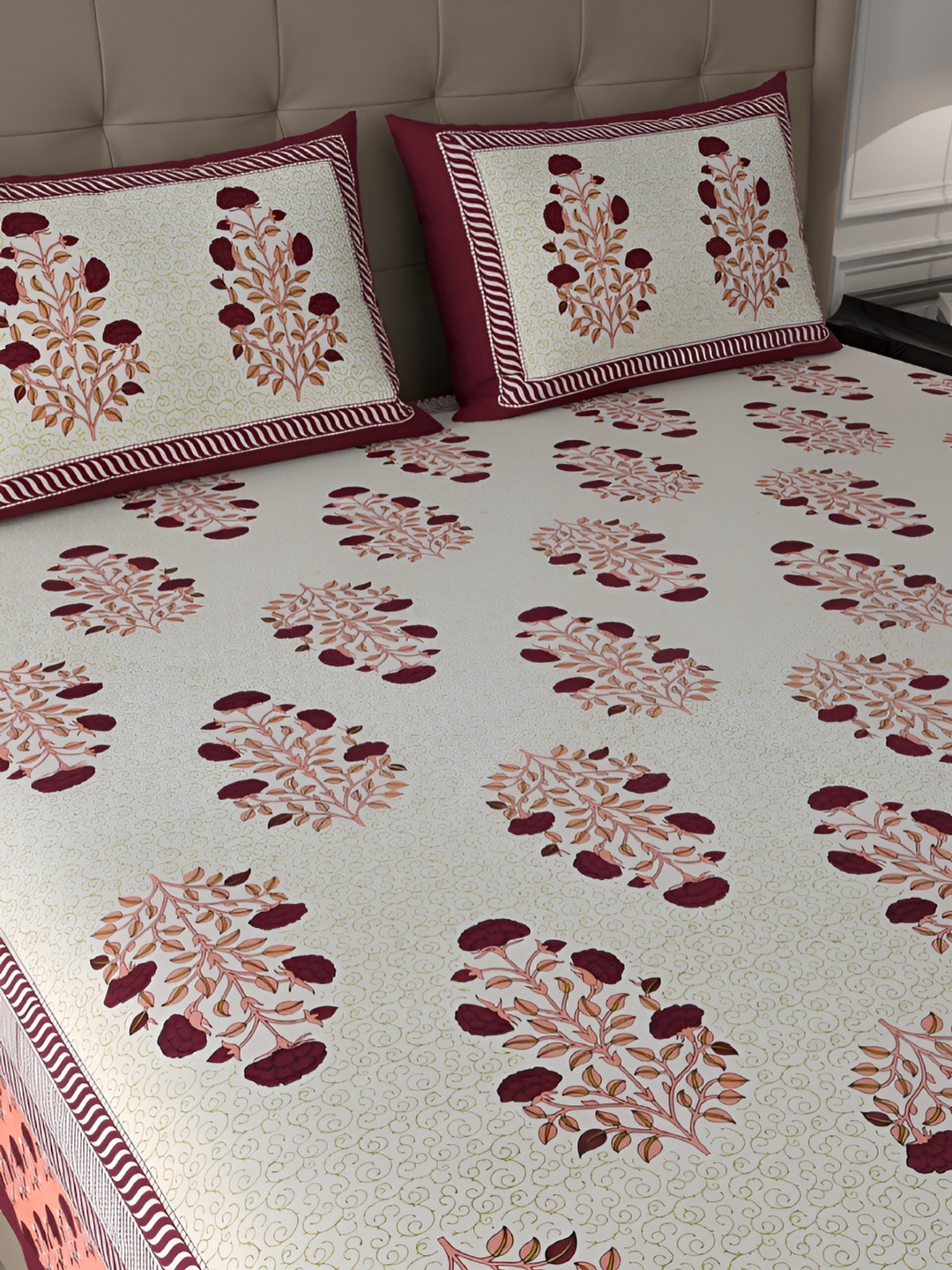 Wayne Martin Beige Floral Cotton 400 TC King Superfine Bedsheet with 2 Pillow Covers-106 x 108 inches