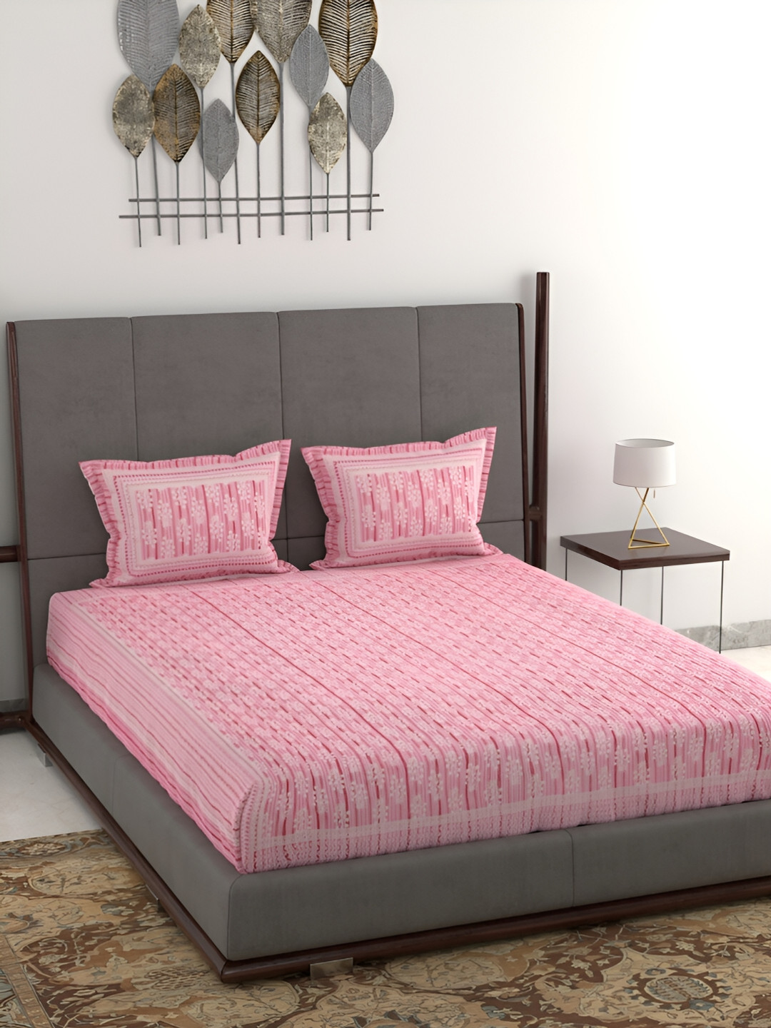 Wayne Martin Pink Floral Cotton 380 TC King Superfine Bedsheet with 2 Pillow Covers-28 x 17cm