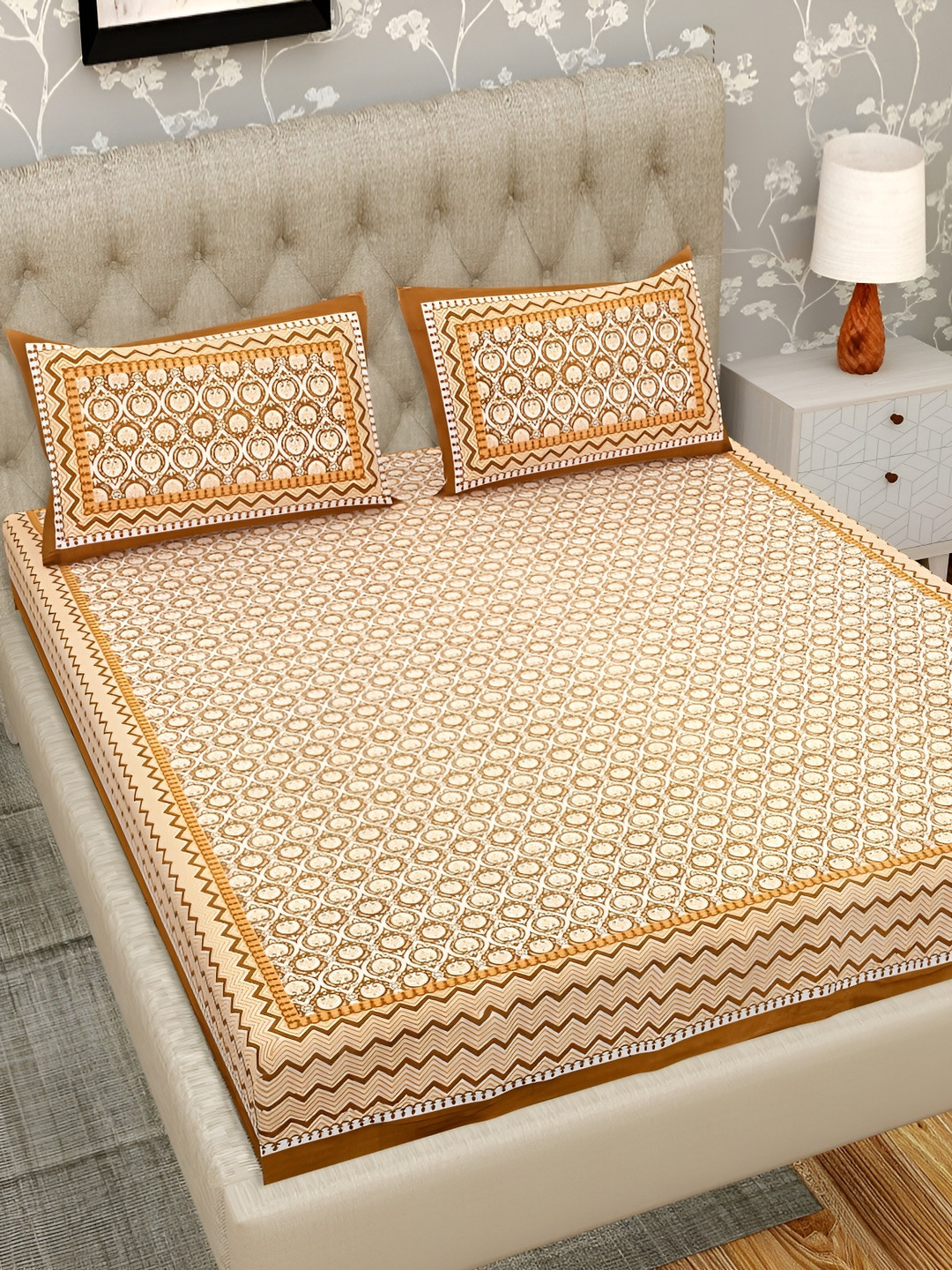 Wayne Martin Parvati Patch Brown Ethnic Motifs Cotton 330 TC King Fine Bedsheet with 2 Pillow Covers-91 x 108 inches