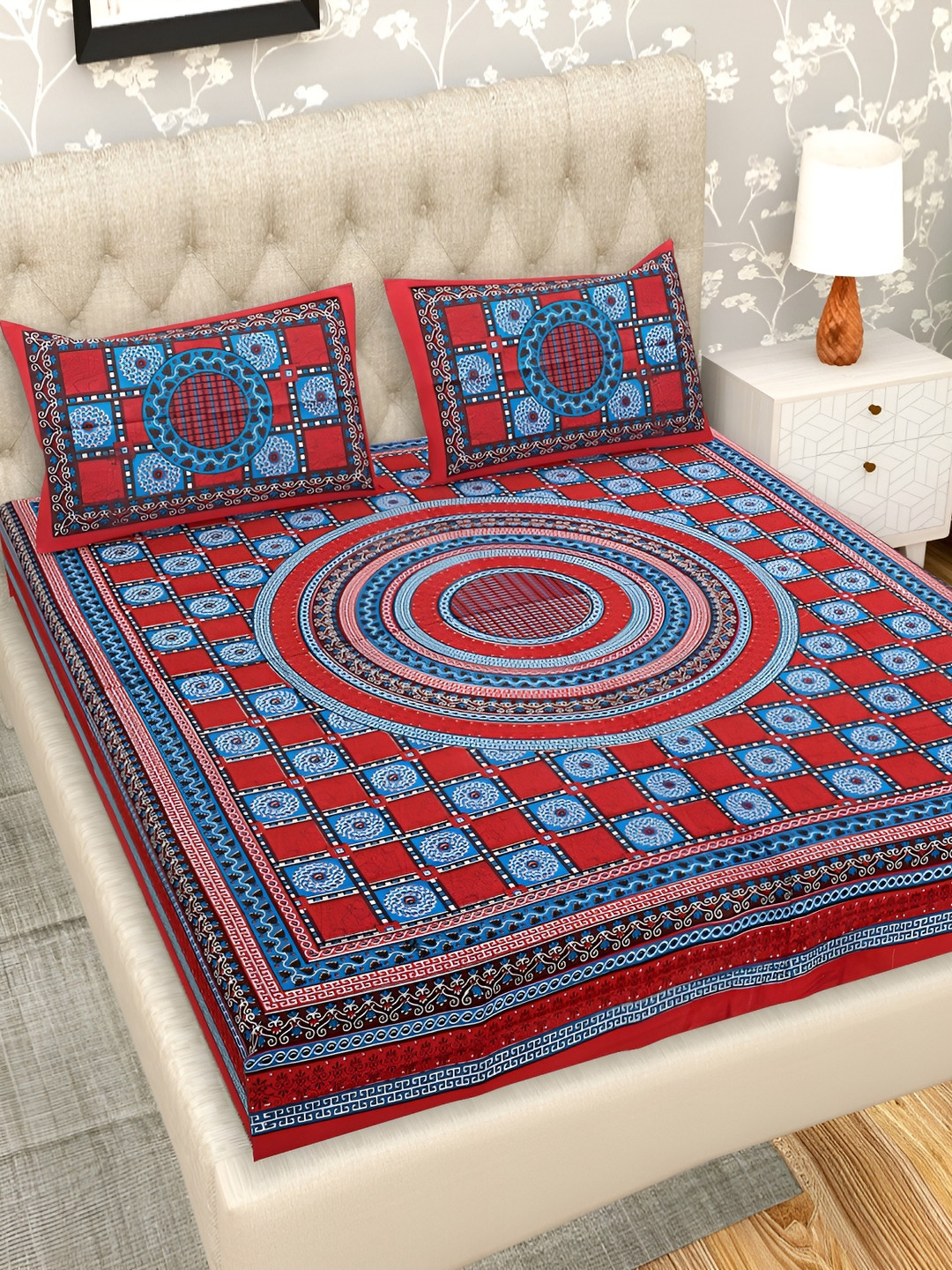 Wayne Martin Maroon Floral Cotton 210 TC Queen Fine Bedsheet with 2 Pillow Covers-93 x 87 inches