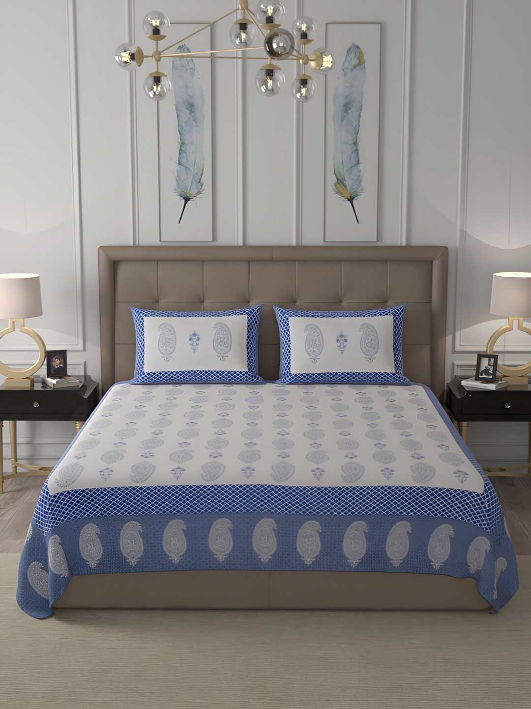 Wayne Martin Blue Ethnic Motifs Cotton 400 TC King Superfine Bedsheet with 2 Pillow Covers-270 x 275 cm