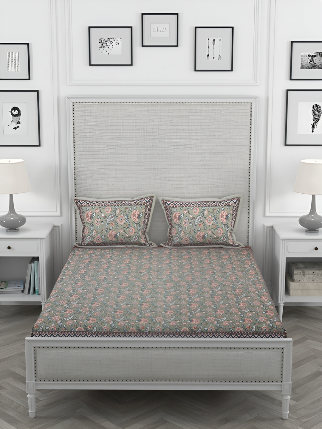 Wayne Martin Green Floral Cotton 330 TC King Fine Bedsheet with 2 Pillow Covers-270 x 275 cm