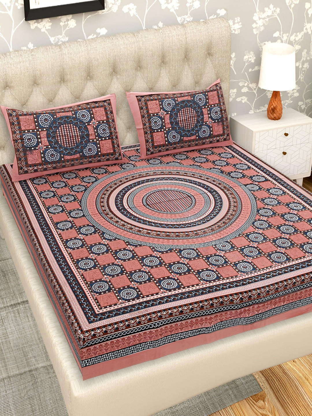 Wayne Martin Brown Floral Cotton 210 TC Queen Fine Bedsheet with 2 Pillow Covers-220 x 235 cm