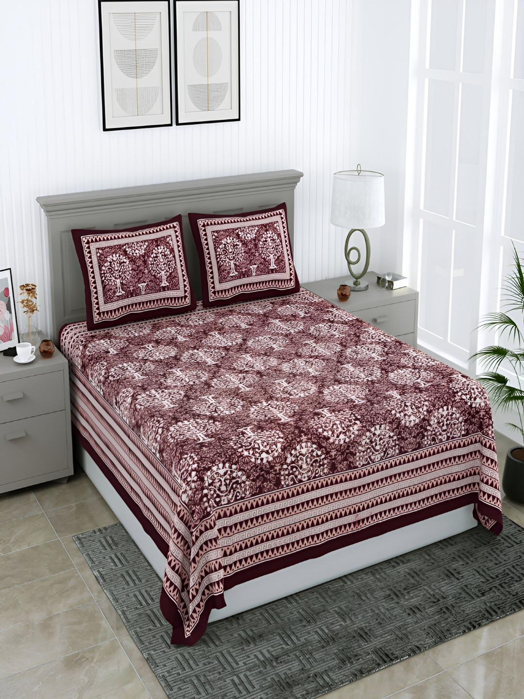 Wayne Martin Maroon Floral Cotton 210 TC Queen Fine Bedsheet with 2 Pillow Covers-87 x 93 inches