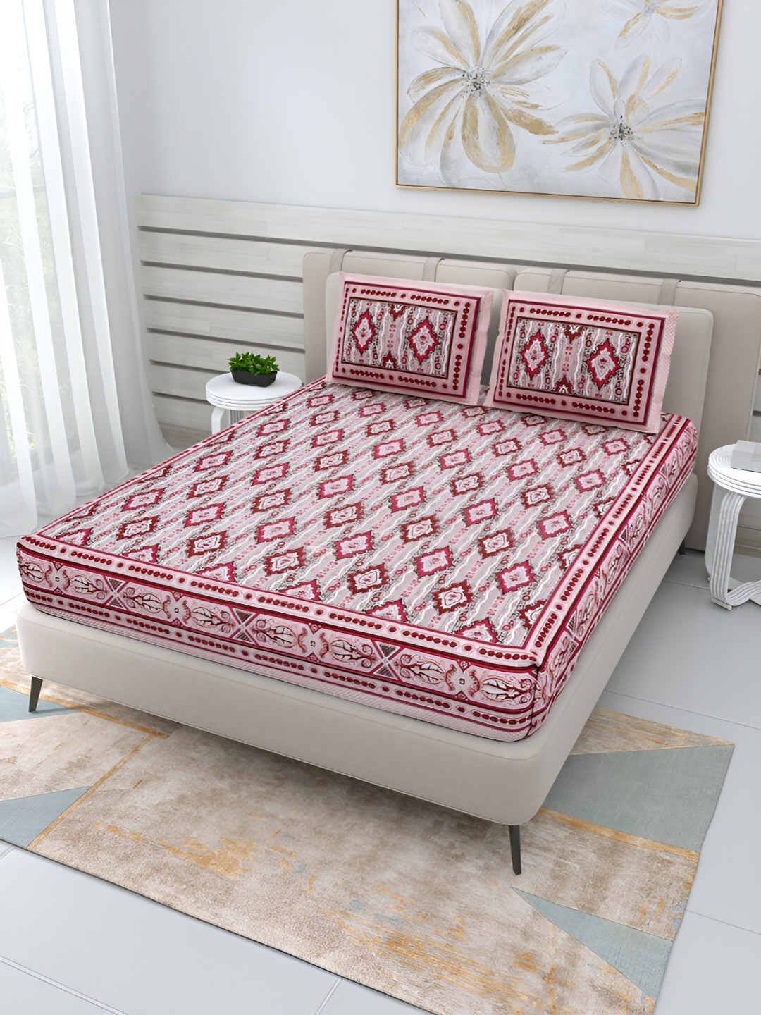 Wayne Martin Pink Floral Cotton Skin-Friendly 210 TC Queen Fine Bedsheet with 2 Pillow Covers-93 x 87 inches