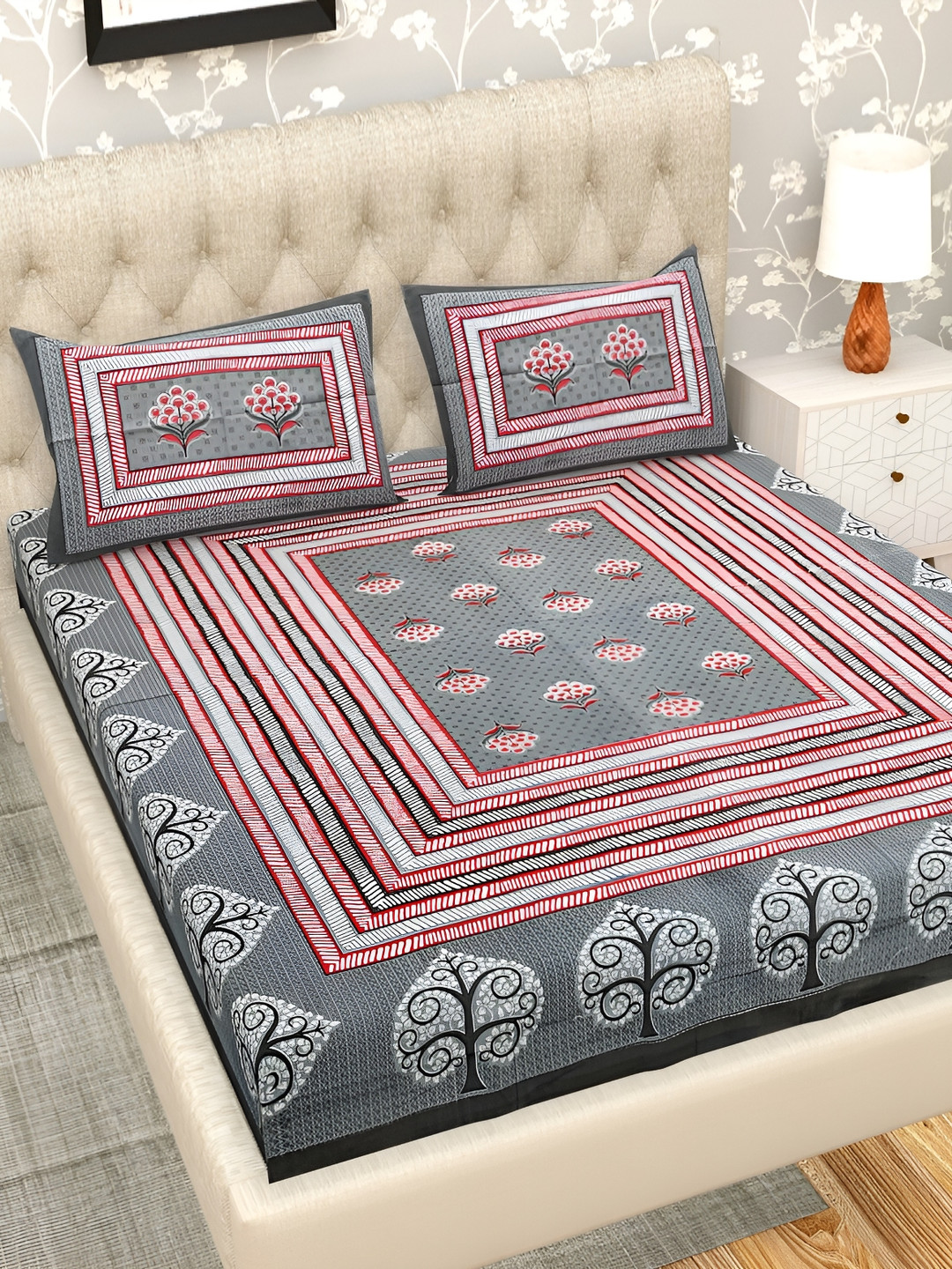 Wayne Martin Grey Floral Cotton 210 TC Queen Fine Bedsheet with 2 Pillow Covers-87 x 93 inches